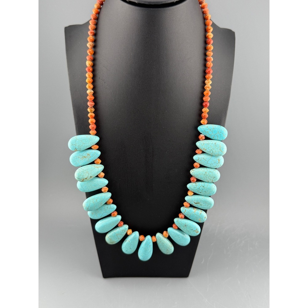 Vintage Southwestern Necklace Teal Stone with Matrix Orange Beads 23"